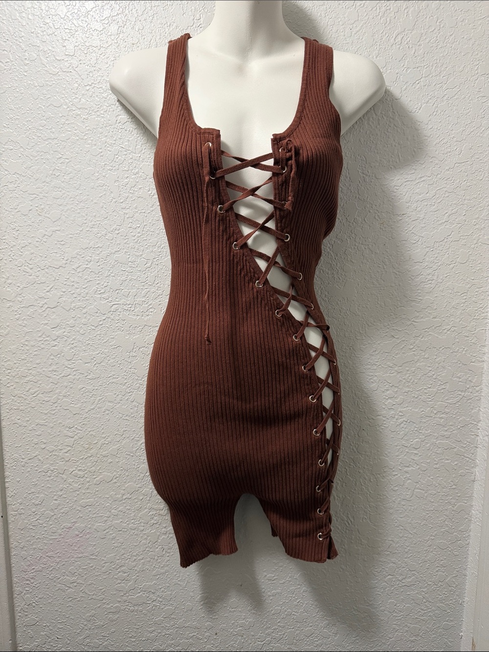 Lace-Up Ribbed Bodycon Romper- Brown